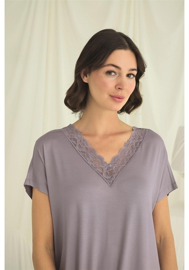 Monamise Kadın Yakası Dantelli Kısa Kollu Gecelik 18640 Gri