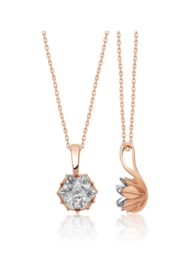 Rose Altın Kaplama Beyaz Lotus Çiçeği Kadın Kolye Yüzük  Set Rose Gold
