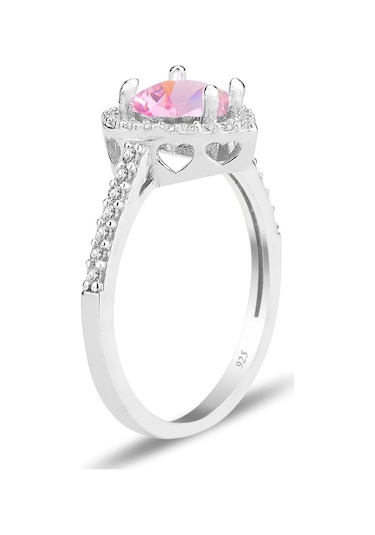 Gümüş Rodyumlu Pembe Taşlı Pırlanta Montürlü Kalp Modeli Yüzük