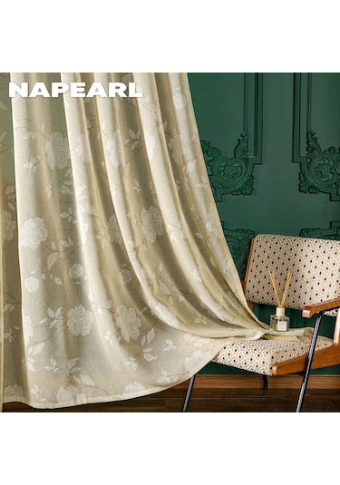 Bej 1 Adet Napearl Modern Taklit Keten Baskı Tül Perde Çiçek Desenli Pencere Sırf Perde Ev Dekor İçin W150cm X L250cm