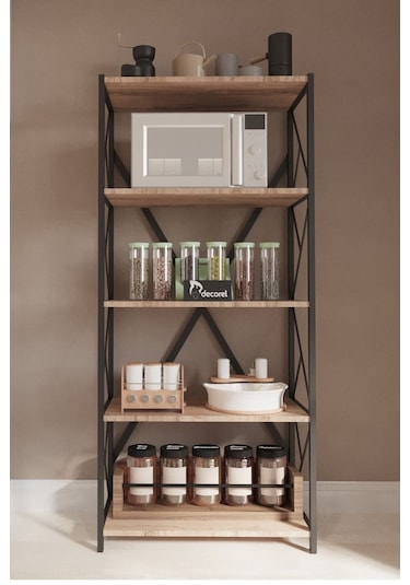 Morpanya Oven Metal Mutfak Rafı Malzeme Dolabı 5 Raflı Mikrodalga Fırın Rafı Çok Amaçlı Dolap Raf 150 Cm Ceviz