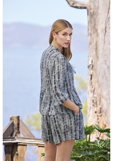 Monamise Kadın Desenli Truvakar Kollu V Yaka Alt Üst Takım 25044 Gri