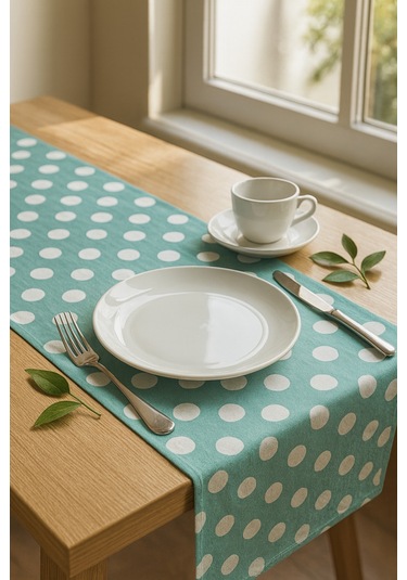 Su Yeşili Puantiyeli Pamuklu Şık Masa Runnerı 50x150 Cm Modern Ve Zarif Masa Örtüsü Runner Su Yeşili Puantiyeli