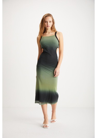 Nuala Kadın Tül Mesh Kumaşlı Astarlı Yandan Dekoltelı Degrade Desenli Siyah - Yeşil Elbise