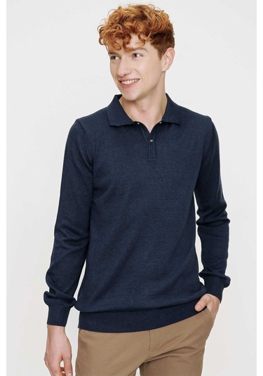 Basic Dinamik Fit Rahat Kesim Polo Yaka Triko Kazak İndigo