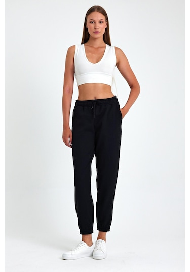 Kadın Siyah-antrasit Pamuklu Kalın Paçası Lastikli Yüksek Bel Rahat Jogger 2'li Eşofman Altı 001
