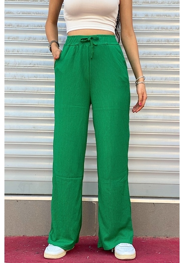Trend Alisse Beli Lastikli Cepli Bol Paça Kadın Pantolon Yeşil