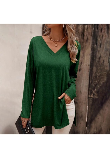 Hnxc Kadın Moda Günlük Yaz Düz Renk Baskı Uzun Kollu V Yaka Bluzlar Ve Gömlekler Yeşil