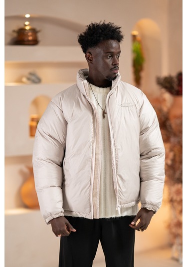 Oversize Bol Kesim Dik Yaka Fermuar Kapamalı Şişme Mont Krem