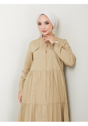 Dantelli Doğal Kumaşlı Boydan Düğmeli Kot Elbise Haki