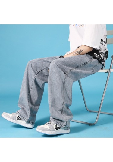 Erkek Gevşek Büyük Boy Günlük Kot Düz Tüp Zemin Paspas Erkek Pantolon Moda Trendi Erkek Pantolon Siyah