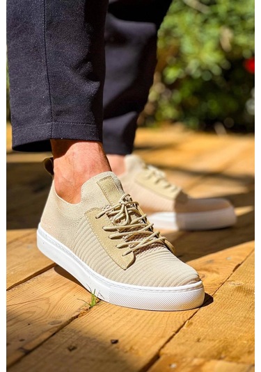 Bej Triko Yüksek Taban Bağcıklı Günlük Erkek Ayakkabısı Bej