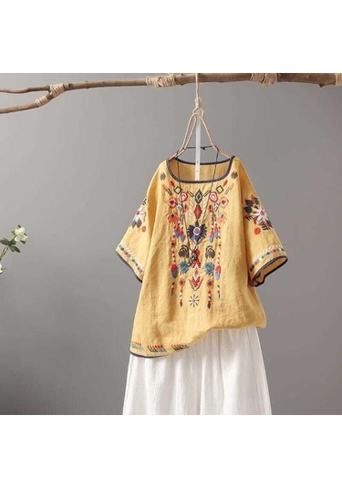 Lüks Nakış Çiçek Tees Kadın Çin Tarzı Klasik Gevşek Gömlek Casual Vintage O Boyun Kısa Kollu Yaz Bluz Tops Sari