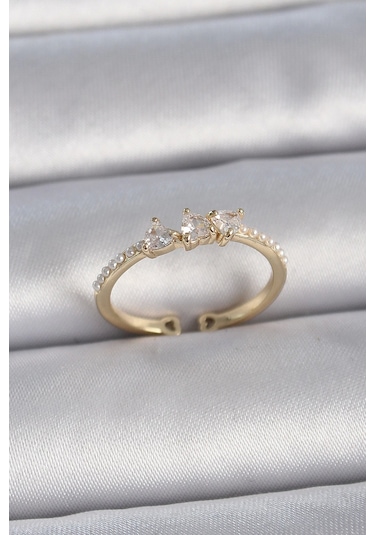 Pirinç Gold Renk Zirkon Taşlı Kalp İnci Detaylı Ayarlanabilir Model Kadın Yüzük Çok Renkli