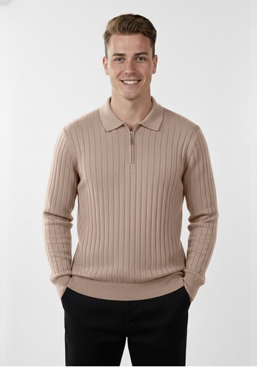 Deepsea Erkek Bej Slim Fit Polo Yaka Triko Kazak - Yumuşak Dokulu Esnek Ve Şık Görünüm 2605305 Bej