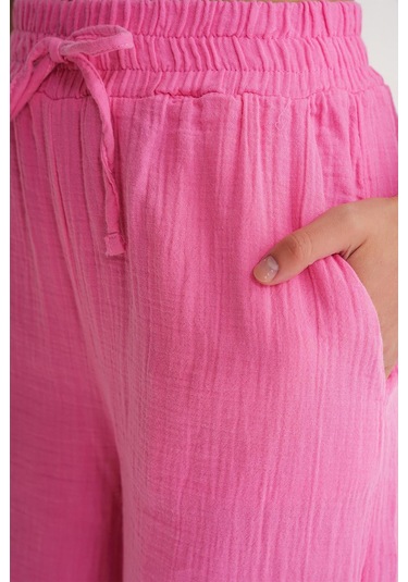 4286 Kadın Bol Paça Beli Lastikli Müslin Palazzo Pantolon Pembe Pembe