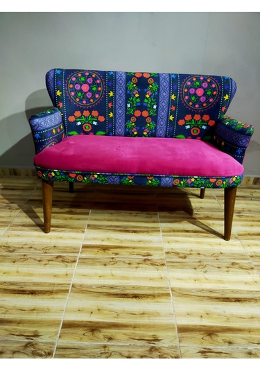 Azra Mobilya - Roma Çay Seti Koltuk Takımı - Babyface Kumaş - Ahşap Demonte Ayak Etnik Desen Fuşya