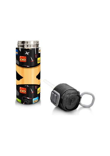 Coral High Kids Siyah Ninja Desenli Pipetli Ve Direkt İçim Çelik Termos 500 Ml 31919 Siyah - Beyaz