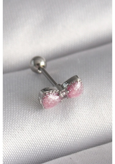 316l Çelik Gümüş Renk Pembe Kurdele Zirkon Taş Detay Tragus Piercing Çok Renkli