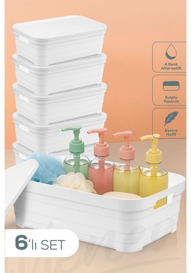 Vienev 6'lı Kapaklı 8,2 Litre Saklama Kutusu Beyaz Beyaz