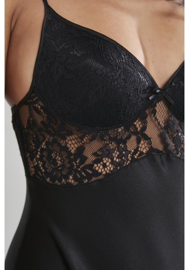 Pierre Cardin 4075 Saten Gecelik Sabahlık Takım - Siyah Siyah