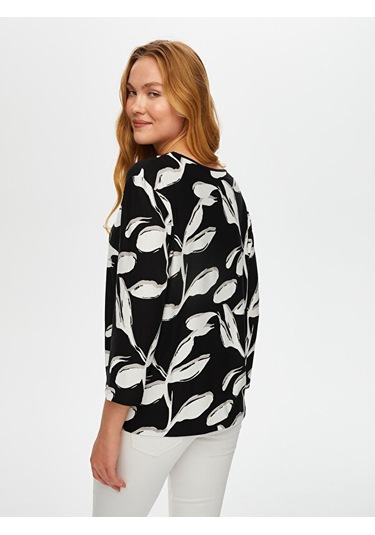 V Yaka Yaprak Desen Örme Bluz S25blz041 Us25blz04110 Siyah