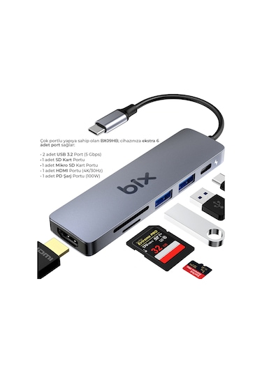Bix BX09HB Type-C To 2 USB HDMI SD TF Kart Okuyucu Çoklayıcı Hub