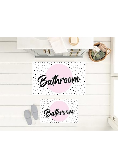 Bathroom Yazılı Banyo Paspası, Dekoratif Paspas, Yıkanabilir, Beyaz