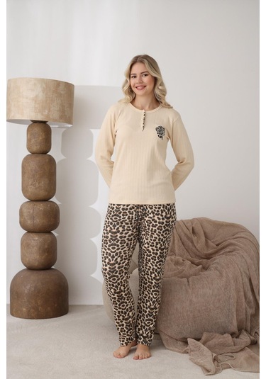 Lindros Kadın Pamuk'lu Düğme Yaka Raporlu İnterlok Kışlık Pijama Takımı 06043 - 1 Adet Ekru