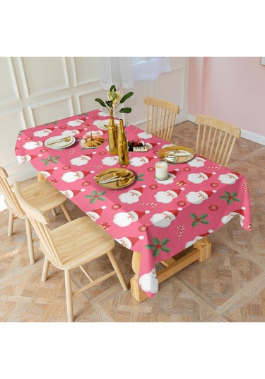 Noel Desenli Dikdörtgen Masa Örtüsü 60x120 İnç, Su Geçirmez Ve Leke Tutmaz-a174 Açık Pembe