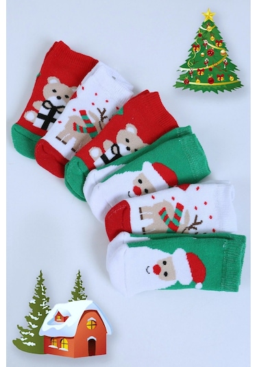 Pamuklu 6'lı Yılbaşı Noel Baba Kışlık Havlu Yenidoğan Bebek Çorap "Karışık Renkli"