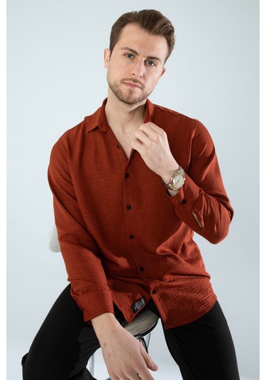 Rahat Kesim Keten Dokulu Gömlek Kiremit