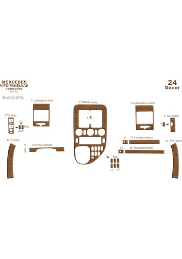 Mercedes Vito Panelvan Konsol-torpido Kaplama 1999-2004 24 Parça-açık Meşe Seçenekler