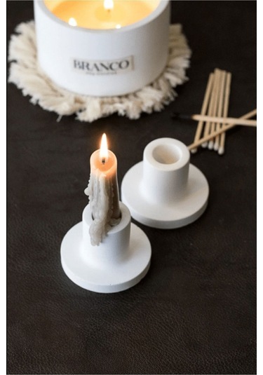 2'li Beyaz Betondan Şamdan Mumluk, Şamdan Mumluk, Beyaz Uzun Mumluk, Minimal Şamdan Mumluk. Beyaz