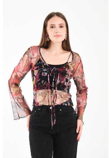 Önü Bağcıklı Tül Bluz Pembe