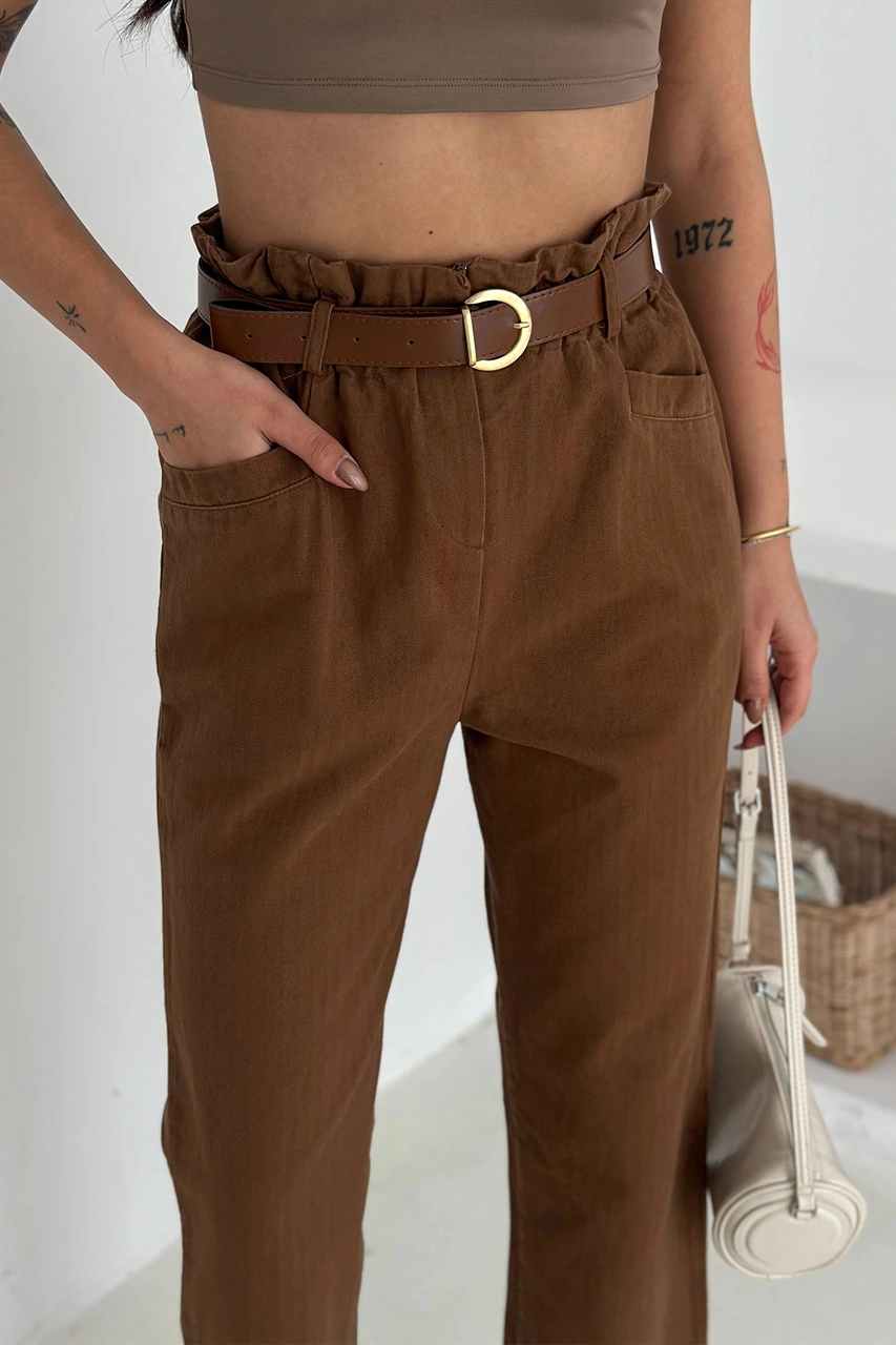 Yıkamalı Pamuk Yağmur Gabardin Yüksek Bel Pantolon Kahverengi Kahverengi