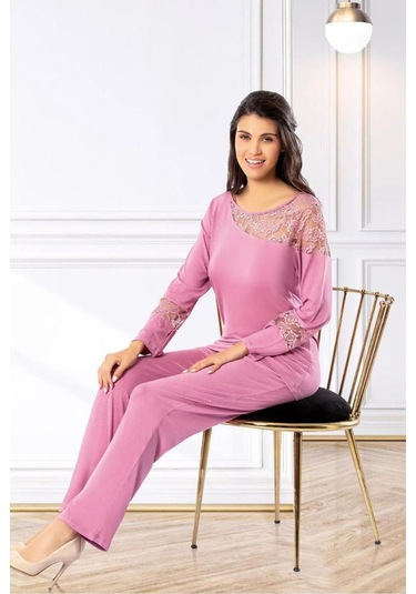 Faal 8617 Kadın Uzun Kollu Dantel Detaylı Pijama Takımı-gülkurusu GÜL KURUSU