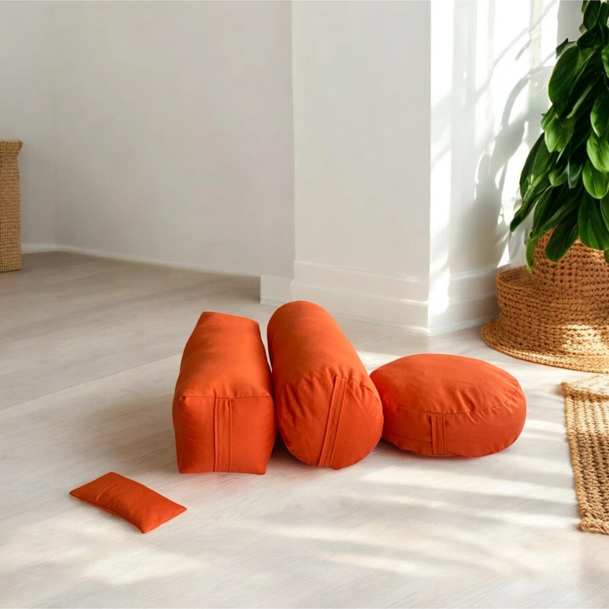 Dolgusuz Meditasyon Minderi, Silindir Ve Kare Bolster Ve Göz Yastığı 4'lü Meditasyon Seti Kılıf Bej