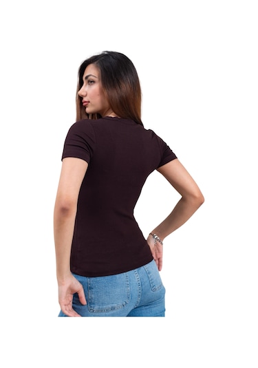 Thiff Kadın Ribana Buzy V Yaka T-shirt Tişört Kahverengi