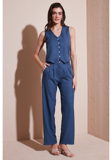 Lela  Regular Fit Bol Paça Yelekli Bayan Takım 67045162S4 Indigo