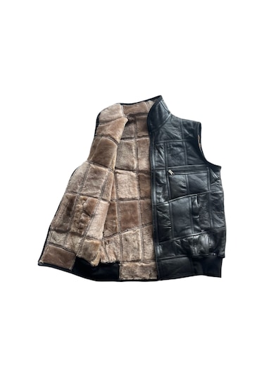 Içi Kürk Hakiki Deri Yakalı Biye Triko Detaylı Siyah-Vizon Yelek