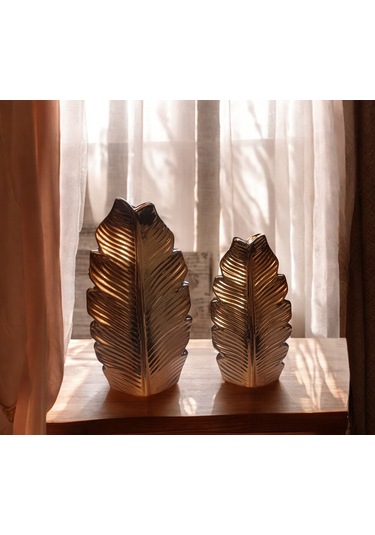 23cm Ve 19cmlik Kırılmaz Polyester,2 Lü Yaprak Desenli Biblo Vazo