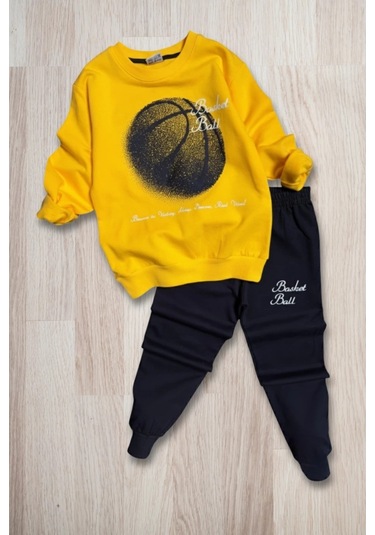 Basketball Yazı Desenli Sarı Renk Erkek Çocuk Eşofman Takımı Sarı
