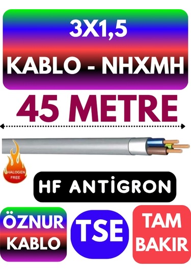 Öznur 3x1,5 Nhxmh Alev İletmez Kablo Metre Seçenekli Gri - 45 Metre