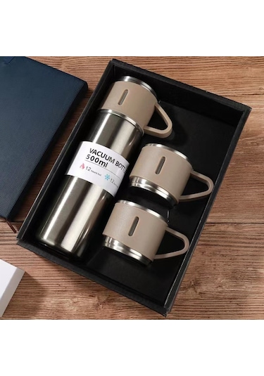 Paslanmaz Çelik Vakumlu Termos Seti, İzole Termos Bardak 500ml/16.9oz, Çift Duvarlı Vakumlu İzole Şişe, İş, Ofis, Okul İçin - Sıcak Ve Soğuk İçecekler Kahverengi