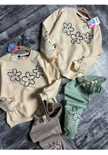 Çiçekli Kanguru Cepli Kız Çocuk 2'li Takım Yeşil