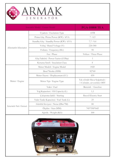 Armak PGA 10000 TEA 9.6 KVA Benzinli Trifaze Portatif Jeneratör