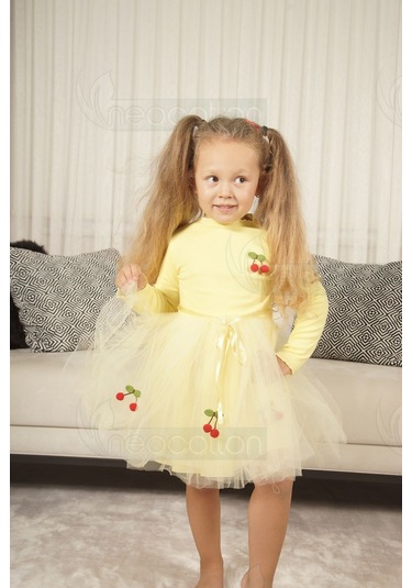 Tüllü Astarlı Esnek Kirazlı Elbise Uzun-sarı Sarı