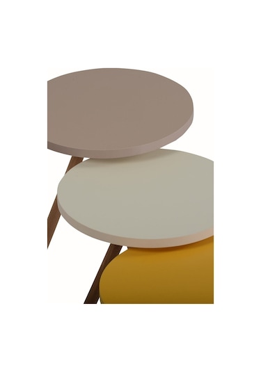 Renkli Üçlü Zigon Sehpa Ahşap Ayaklı Yuvarlak Pastel Tasarım Sarı Krem Cappuccino