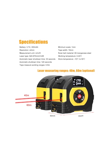 Reedark Usb Şarjlı 2 Si 1 Arada Lazerli Mesafe Ölçer Ve Şerit Metre, Alan Ve Hacim Hesaplama, Tarihsel Veri Hafızası, Geniş Kullanım Alanı.